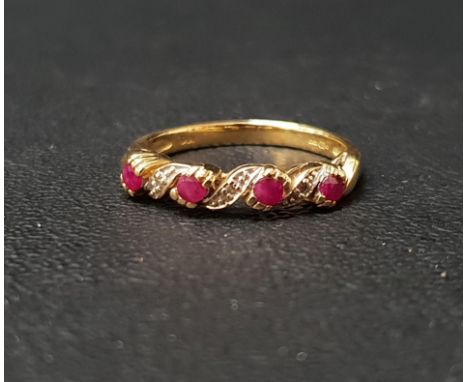 RUBY AND DIAMOND RINGthe four round cut rubies in wavy entwined setting and separated by small diamonds, on nine carat gold s