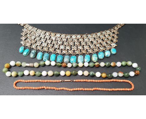 EGYPTIAN SCARAB BEETLE SET WHITE METAL NECKLACEthe the mesh effect front section with fourteen scarab drops; together with a 