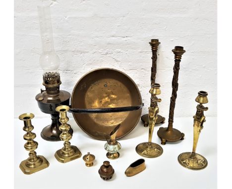 BRASS PRESERVE PANwith a fixed iron handle, 34cm diameter, pair of brass Greek style candlesticks, 32cm high, pair of brass c