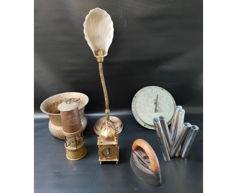 MIXED LOT OF COLLECTABLESincluding a sun dial, Prima safety lamp, reproduction lantern clock, shell shade desk lamp, cast iro