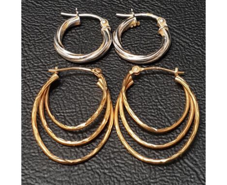 TWO PAIRS OF GOLD HOOP EARRINGSone pair in fourteen carat yellow gold with three graduated hoops, approximately 0.9 grams; an