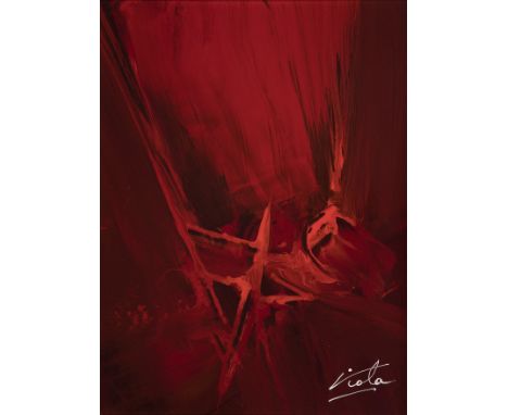 MANUEL VIOLA (Zaragoza, 1916 – San Lorenzo de El Escorial, 1987).“composition in red”, c.1975.Oil on board.Attached certifica