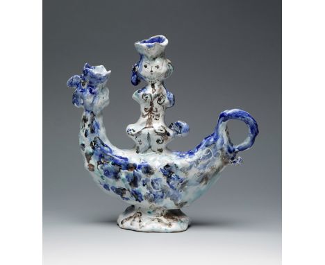 EMANUELE LUZZATI (Genoa, 1921-2007)."La bella e il gallo".Painted and glazed ceramic.Signed on the base.Size: 24 x 23 x 8 cm.