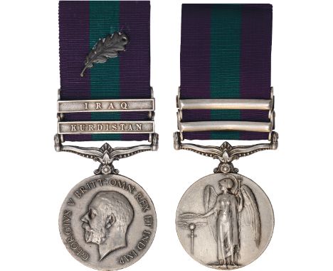 Single Campaign Medals, A Good Indian Army General Service Medal 1918-62, 2 clasps, Kurdistan, Iraq, with M.i.D. emblem, awar