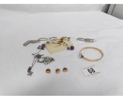 A box of jewellery including gold brooches, enamel pendant, earrings etc