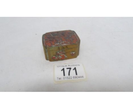 A brass snuff box with applied copper birds and flowers