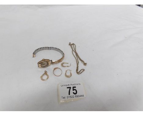 A ladies gold watch on metal bracelet, gold chain etc