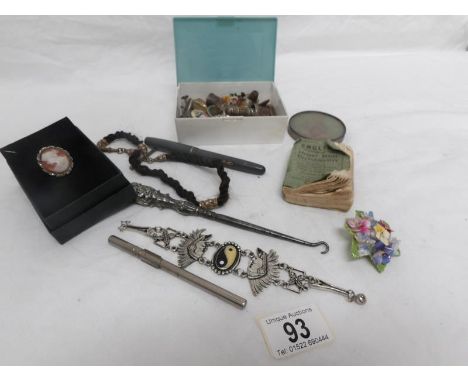 A mixed lot including 1937 coronation badges, Waterman's pen, buttons, costume jewellery, mourning watch chain with fob etc