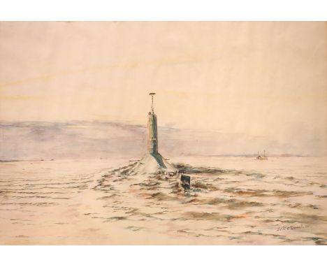 'Evening Patrol Submarine H.M.S Dreadnought Western Isles', watercolour singed and dated John O'Donnell '80, original title l