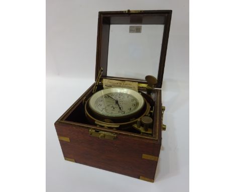 Marine Chronometer, Hamilton Model 21 with 14 Jewel movement No. ZE 5335 with key in mahogany case with glazed lid dial D12cm