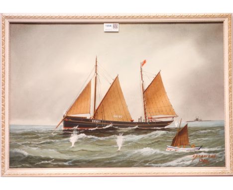 Ship's Portrait of the Scarborough Fishing Boat SH197 underfire from a German U Boat, watercolour heightened in white signed 