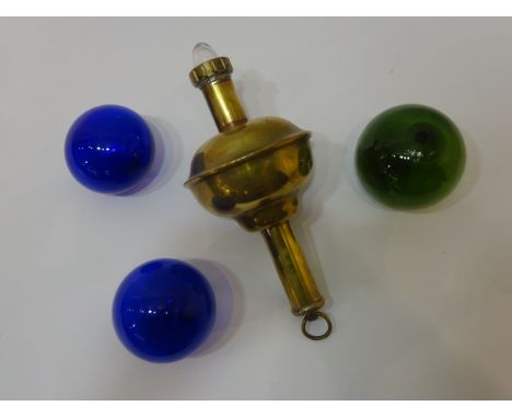 Brass float with light H38cm, & three small glass fishing floats (4) Condition Report Click here for further images, conditio