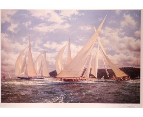 J Class Yachts Racing off The Coast, Chelsea Green Edition colour print numbered & signed in pencil 487/495 by J Steven Dews 