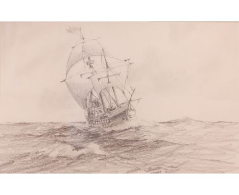 The Golden Hind, John Steven Dews (British 1949-) original pencil sketch for the 1980 Amoco calendar, signed and titled sketc