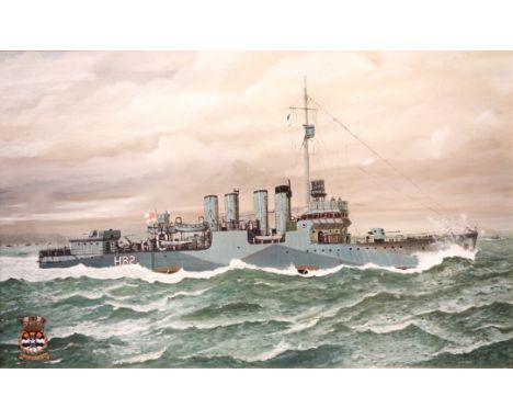 Ships portrait of the Destroyer Burnham H82 previously USS Aulick DD258, oil on canvas signed by Maurice Heath and dated '89,