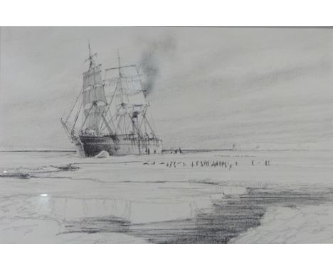 Steamer Breaking the Ice in the Antartic, John Steven Dews (British 1949-) original pencil sketch for the 1980 Amoco calendar