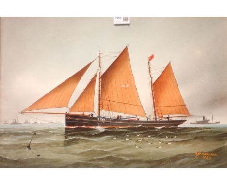 Ship's Portrait of the Scarborough Fishing Boat SH197 with a British Convoy on the Horizon, watercolour signed by Alexander H