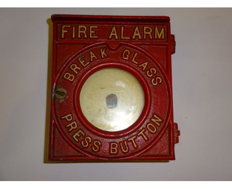 Cast metal Break Glass Press Button fire alarm with hinged door, H15cm, W13cm  Condition Report Click here for further images