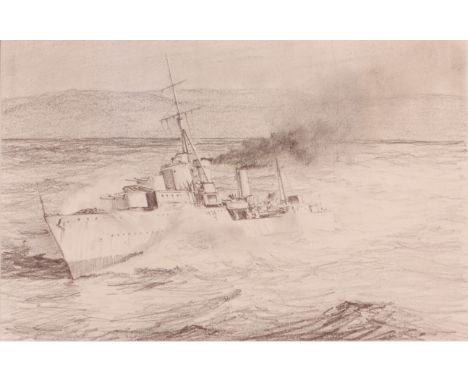 British Naval Frigate at Sea, John Steven Dews (British 1949-) original pencil sketch for the 1980 Amoco calendar, signed and