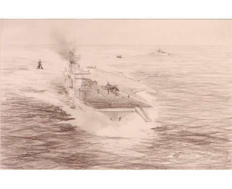 Aircraft Carrier at Sea, John Steven Dews (British 1949-) original pencil sketch for the 1980 Amoco calendar, signed and titl
