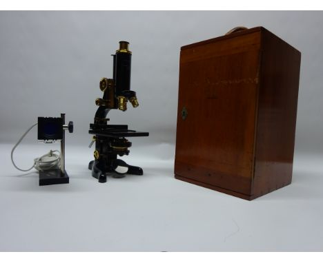 Black lacquer and brass 'Service' monocular microscope W. Watson & Sons, Ltd London 71853, in mahogany case, with additional 