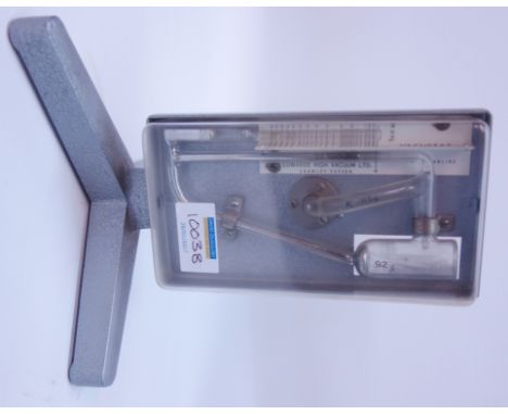 Edwards High Vacuum Gauge, with perspex cover and on tripod base, H22cm