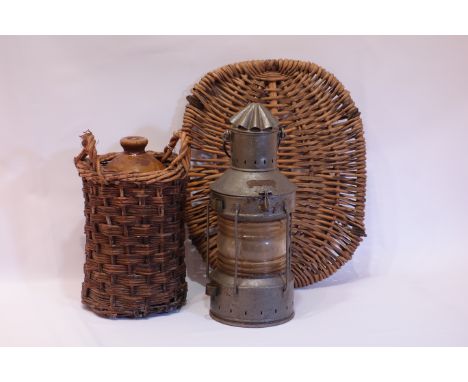 Painted metal Anker light, wicker basket lid and a stoneware bottle in wicker case, H45cm (3) Condition Report Click here for