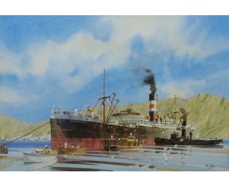 'East of Suez' - 'Recorder', Steam Ship Portrait, watercolour signed K Glen 30cm x 43cm