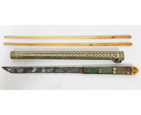 A Chinese 19th Century ivory chop stick and knife set with pierced gilt brass scabbard, length 35cm. Condition - old repairs 