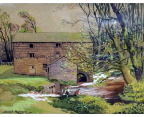 Joseph Appleyard,  children playing by watermill, 37cm x 28cm, signed, glazed and framed 60cm x 50cm.