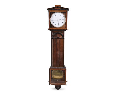 A 19TH CENTURY MAHOGANY REGULATOR WALL CLOCK, the hood with arched pediment and white enamel dial, Roman numerals, over a gla