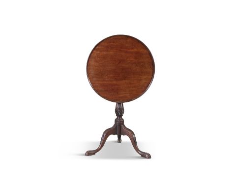 A GEORGE III MAHOGANY CIRCULAR WINE TABLE, the circular dished top raised on turned centre pillar and tripod support. 59cm di