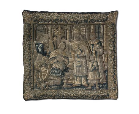 A BRUSSELS STYLE WALL HANGING, 17/18th century, the rectangular centre depicting the Baptism of Clovis by Saint Remigius in t