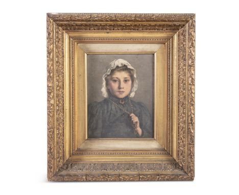 ERNEST E. TAYLOR (19th Century)Portrait of a girl wearing a bonnet and clutching her beadsOil on canvas, 26 x 20.5cmSigned an