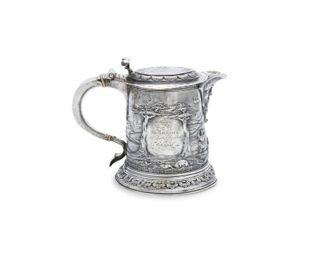 AN 18TH CENTURY SILVER RACING TROPHY, London marks, with Victorian decoration, in the form of a beer jug, 'Presented to Mr. H