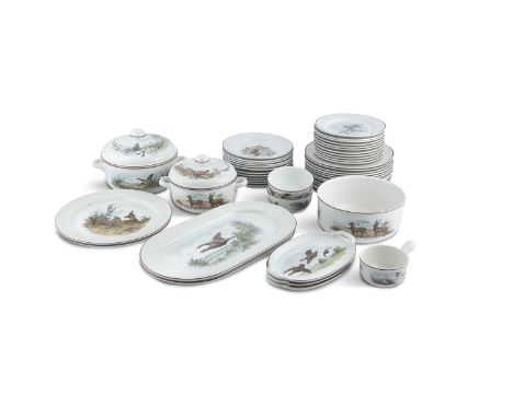 AN EXTENSIVE 'VILLEROY &amp; BOCH' HUNTING DINNER SERVICE, c.1970, each transfer printed with individual scenes, brown wash b