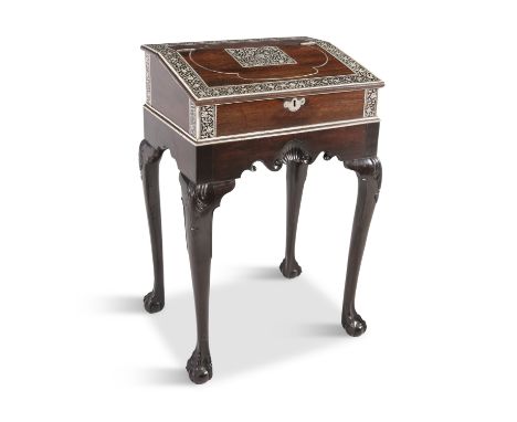 AN EARLY 18TH VIZAYAPATAN WRITING DESK, in inlaid rosewood decorated with ivory floral marquetry, set on an ebony ground, the