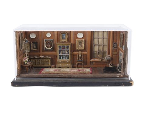 A SET OF FOUR PERSPEX CASED DIORAMA, each modelled period interiors of 18th and 19th century rooms, signed Broun-Morison, eac