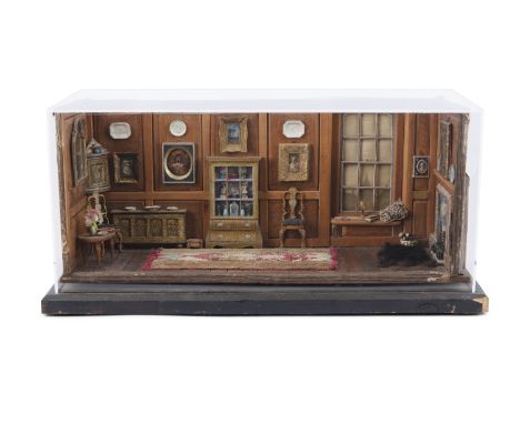 A SET OF FOUR PERSPEX CASED DIORAMA, each modelled period interiors of 18th and 19th century rooms, signed Broun-Morison, eac