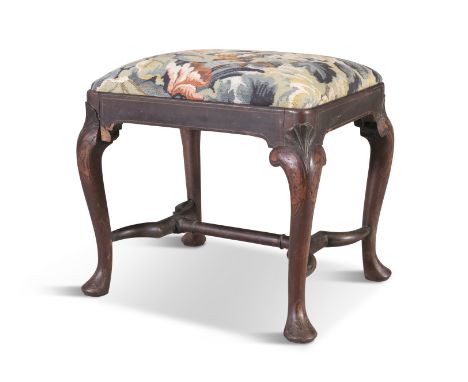 AN UNUSUAL IRISH GEORGE III INLAID MAHOGANY RECTANGULAR STOOL, the tapestry seat raised on shell capped cabriole legs, and pa