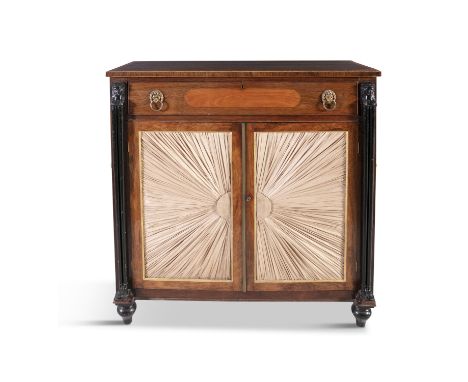 A REGENCY INLAID ROSEWOOD RECTANGULAR SIDE CABINET, in the Egyptian taste, the single frieze drawer with cast lion mask and r