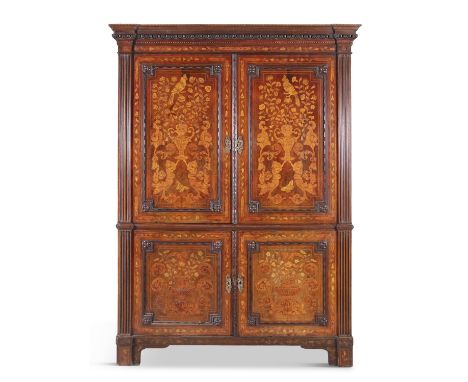 A DUTCH WALNUT AND MARQUETRY INLAID CABINET, 18th century, of rectangular shape, with outset cornice over egg and dart bandin