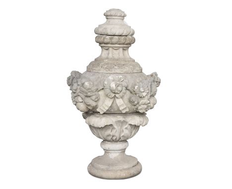 A LARGE VICTORIAN STONE WARE URN, of baluster shape with knobbed finial and central section decorated with ribbon tied garlan