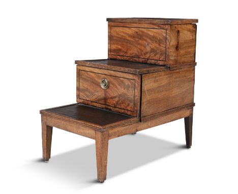 A SET OF GEORGE III LIBRARY / BED STEPS, each step inset with leather and opening to reveal a hidden compartment, raised on s