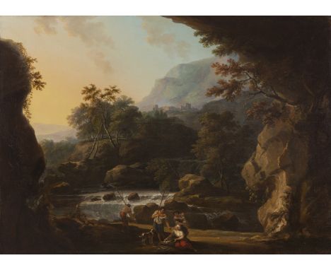 GEORGE BARRET SNR. RA (c.1730-1784)Landscape with FiguresOil on canvas, 99 x 134.5cm (39 x 53'')Barret was a friend of Edmund