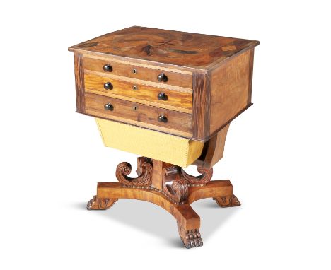 AN EARLY 19TH CENTURY JAMAICAN SATINWOOD, ROSEWOOD AND SPECIMEN-WOOD WORK TABLE, attributed to Ralph Turnbull of Kingston, Ja