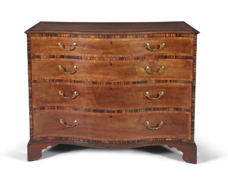 A GOOD GEORGE III INLAID MAHOGANY SERPENTINE CHEST, of four long graduated drawers, the top with satinwood and zebrawood band
