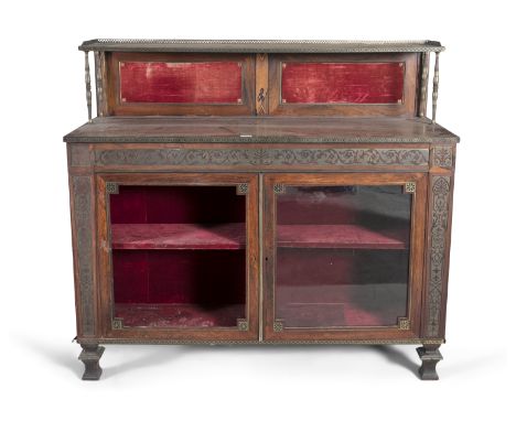 A GEORGE IV ROSEWOOD BRASS INLAID SIDE CABINET IN THE MANNER OF TATHAM &amp; MARSH, with galleried shelf supported on brass c