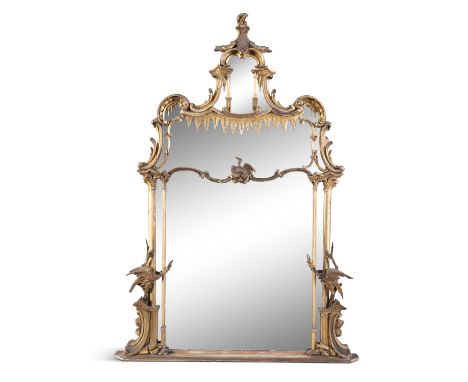 A 19TH CENTURY CARVED GILTWOOD OVERMANTLE MIRROR, in the Chinese Chippendale manner, the compartmented mirror with domed pago