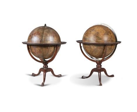 A PAIR OF GEORGE III CELESTIAL AND TERRESTRIAL FLOOR GLOBES, by Dudley Adams of London, 20 diameter, with printed cartouche r